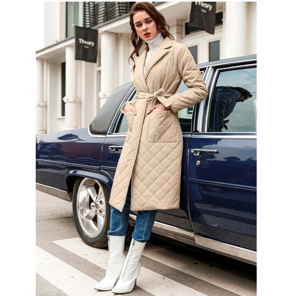 Beige Quilted Belted Coat with Pockets - Picture 6 of 17